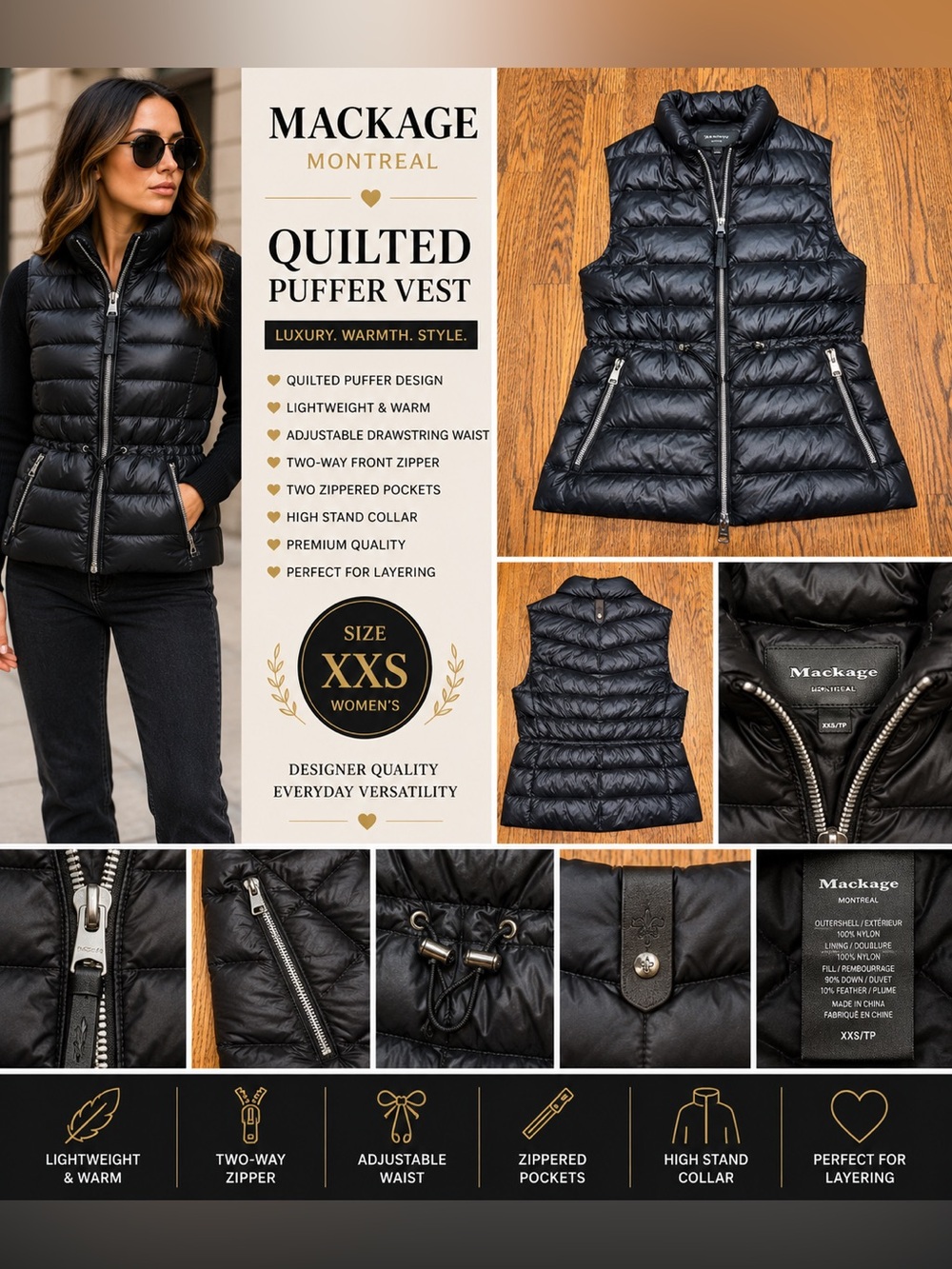 Mackage Montreal Black Quilted Puffer Vest Women’s XXS Lightweight Zip Down Vest